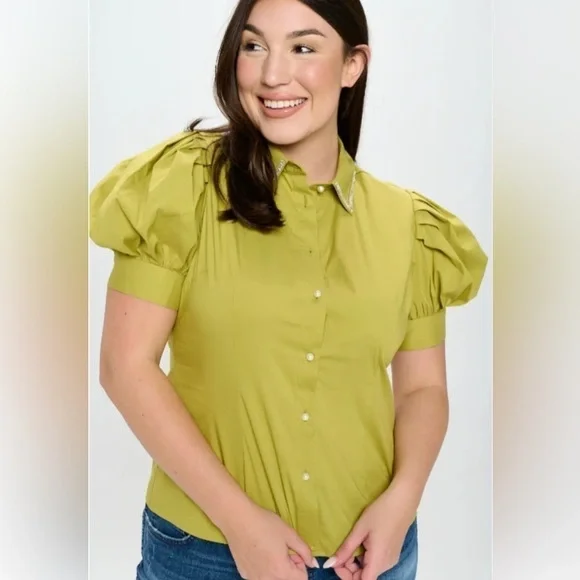 NWT 2X Avocado Green Rhinestone Collar Button Down Blouse Retro Unique Vintage - Picture 7 of 8